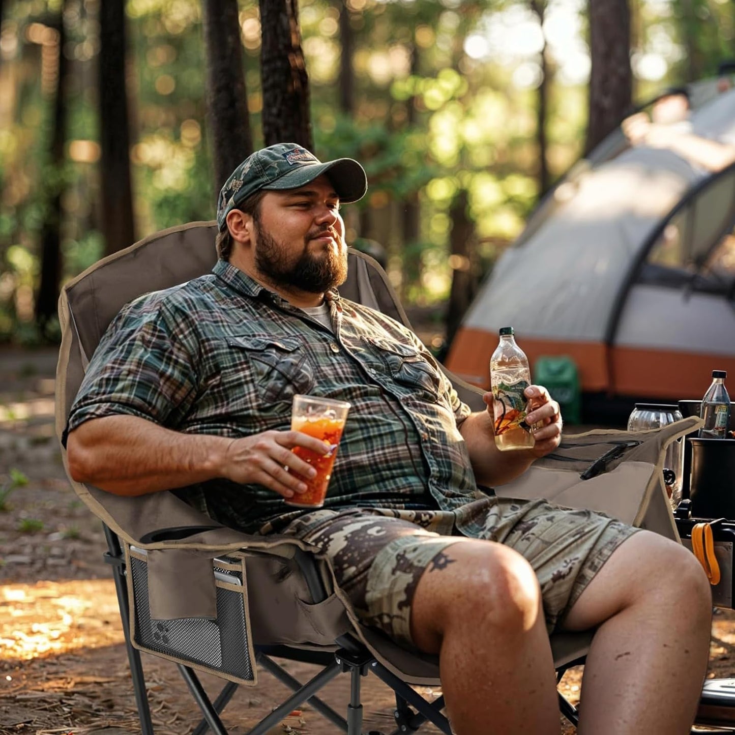 Overmont Oversized XL Camping Chair for Adults - 400lbs Support Heavy-Duty Padded Folding Chair with Side Pocket Cup Holder Cooling Bag for Outdoor Sports Garden Beach Fishing Lawn Khaki