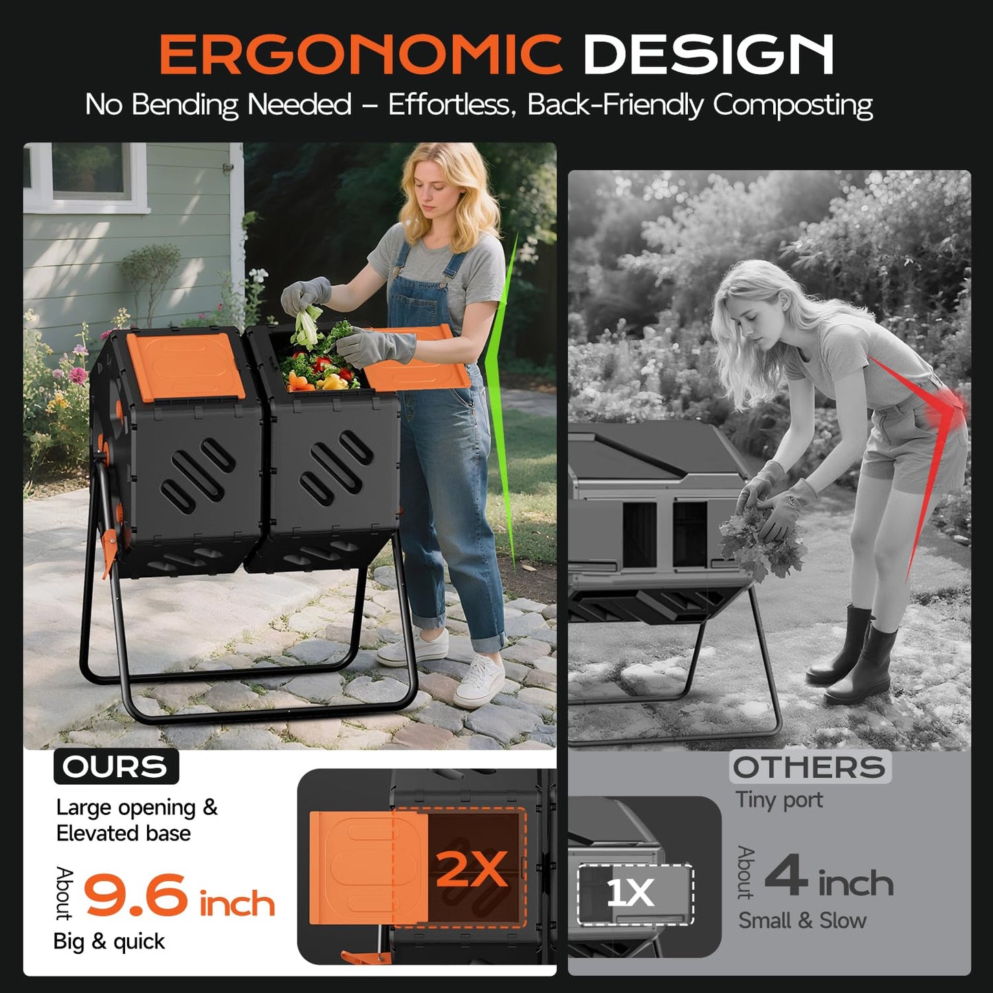TOP XIAN Compost Tumbler Outdoor 45 Gallon/170L, Dual Chamber Large Compost Bin for Garden, Backyard, and Yard, Large Opening & Elevated Base 360°Rotating Tumbling Composter for Gardeners