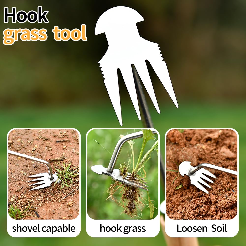 GANCHUN Weed Puller Tool，2024 New Garden Weeder Tool Stainless Steel Hand Weeder Tool,4 Teethes Dual Purpose Weed Remover Tool Weeding Tools for Gardening (Rubber Handle)