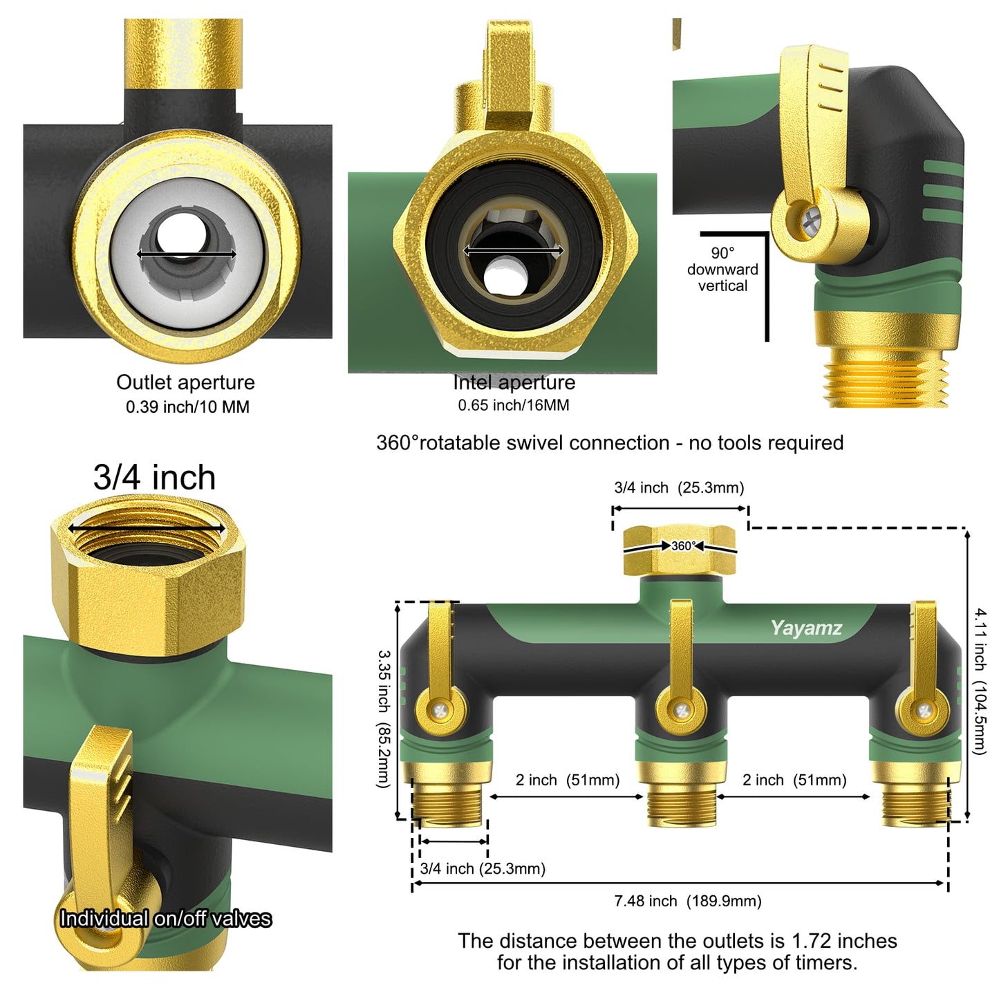 3 Way Garden Hose Splitter,High Flow Outdoor Faucet Splitter,Hose Splitter with Independent Shut Off Valves,Wide Spacing for Hose Timers,Sprinklers,Lawn,Yard and Garden Watering