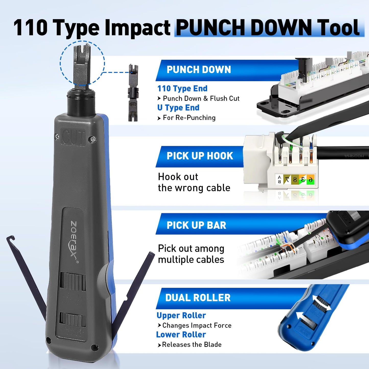Professional Network Tool Kit, ZOERAX 14 in 1 - RJ45 Crimp Tool, Cat6 Pass Through Connectors and Boots, Cable Tester, Wire Stripper, Ethernet Punch Down Tool