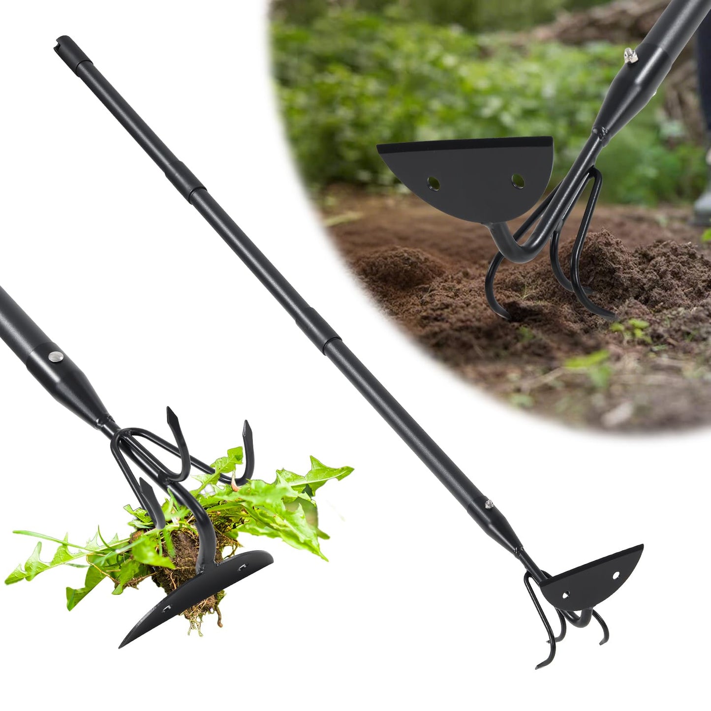 COCONUT 2-in-1 Garden Hoe, 45" Weeding & Cultivating Tool with Curved Tines & Sharp Blade, Stand-Up Design Saves Your Back, for Loosening Soil in Vegetable Garden & Flower Beds