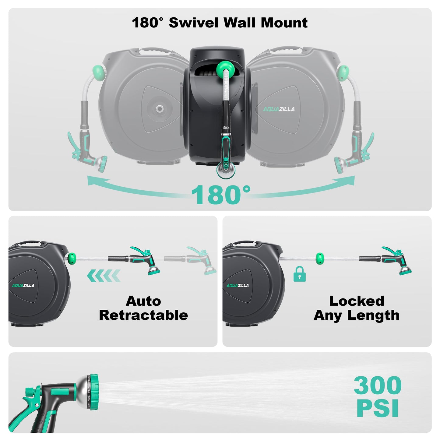 Retractable Garden Hose Reel - 1/2 in x 120 ft Automatic Wall Mount Heavy Duty Automatic Water Hose Reel with 9 Patterns Nozzle, Kink-Resistant Hose, 180° Swivel, Auto-Lock for Outdoor Watering