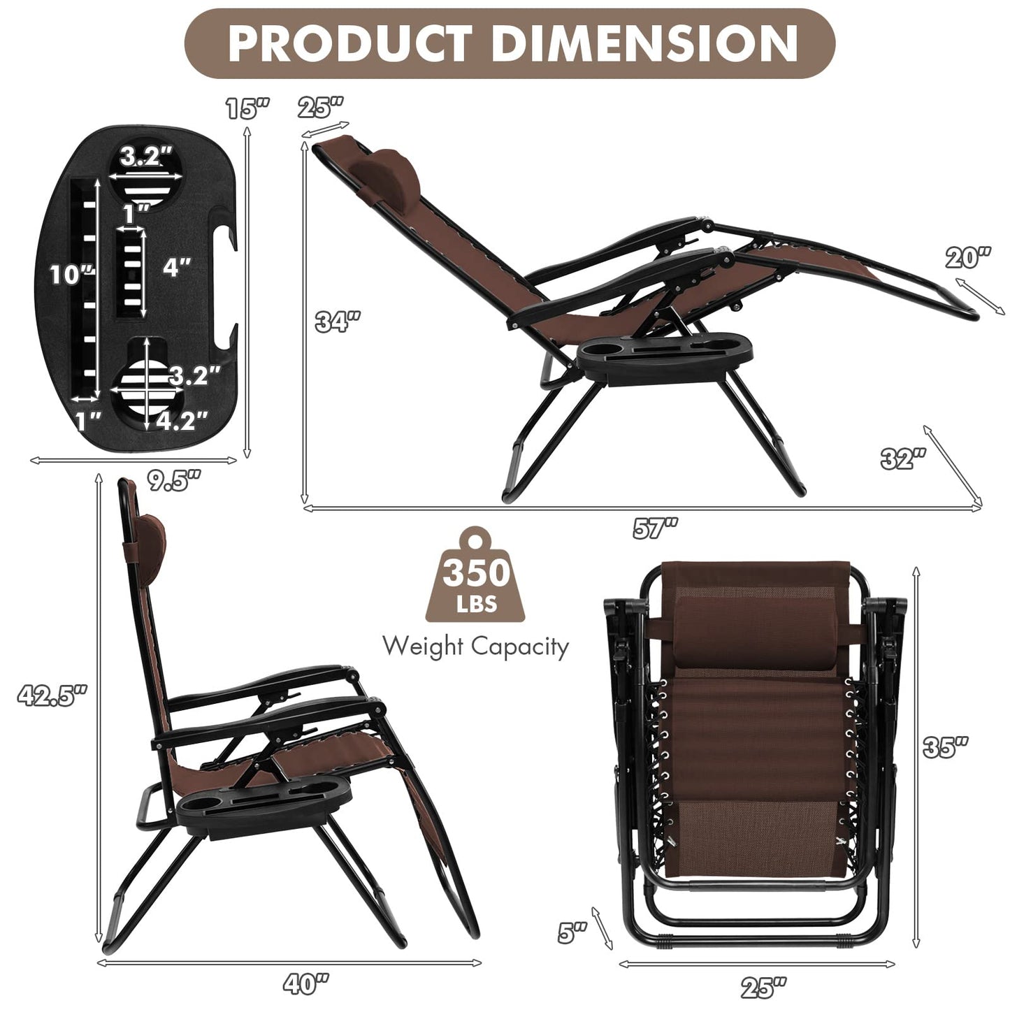 Giantex Zero Gravity Reclining Chair, Outdoor Patio Recliner with Cup Holder & Removable Pillow, Adjustable Backrest, Indoor Lounge Chair for Backyard, Garden, Poolside (Brown)