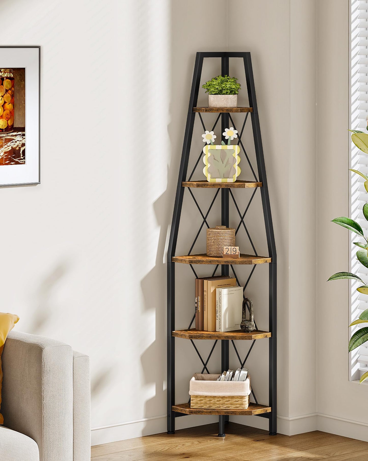 CHOEZON 5-Tier Corner Shelf, Corner Bookshelf, Ladder Shelf, Floor Standing Storage Rack, Open Display Stand, Plant Stand, for Living Room, Bedroom, Study, Bathroom, Rustic Brown and Black TCJ22BF