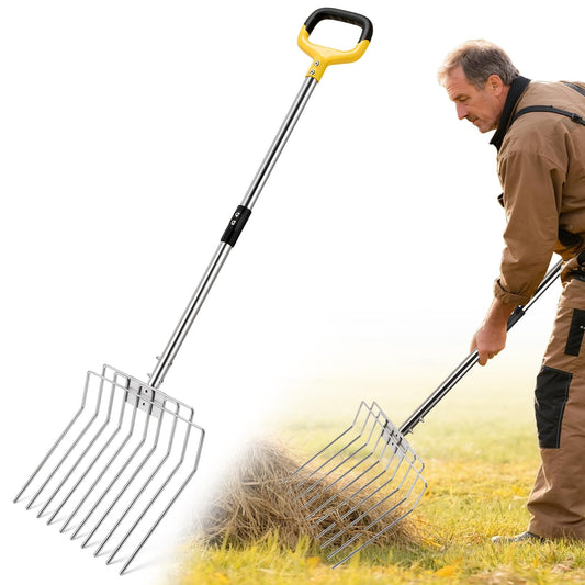 AugFir Pitchfork for Gardening, 50" Multifunctional Stainless Steel Garden Pitchfork with Handle, Suitable for Shoveling, Fertilizing, Transplanting, Mulching Garden Fork - 10 Tines