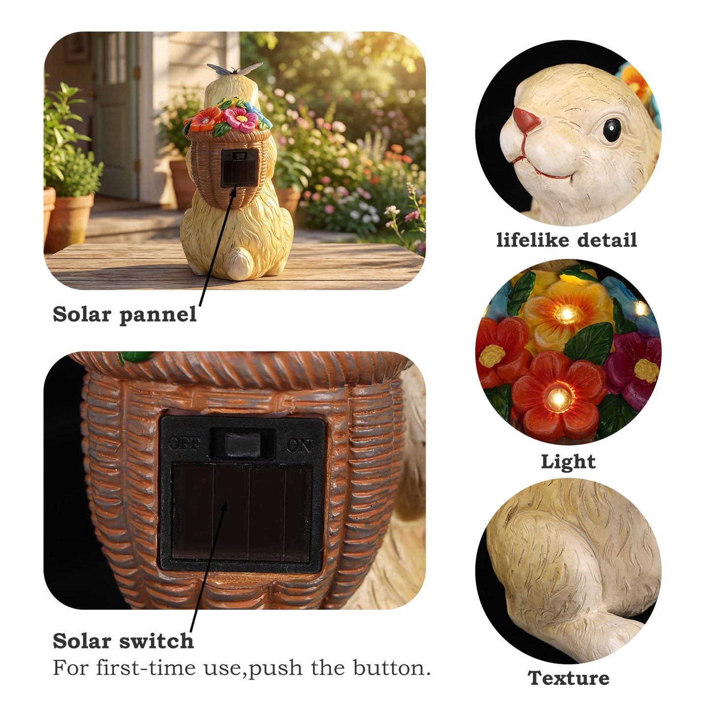 PETAFLOP Solar Garden Statues Outdoor Decor, Rabbit with Flower Basket & Butterfly Birthday for Patio Balcony Backyard Lawn Yard Decorations, Housewarming Gifts for Women, Mom, Grandma
