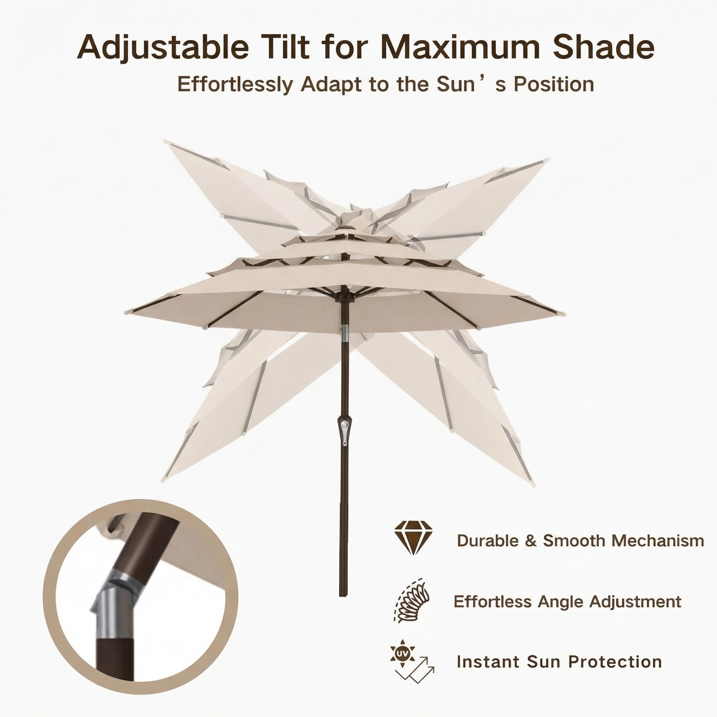 Kingdura 9ft 3-Tier Patio Umbrella, Outdoor Table Umbrella with Easy Crank & Tilt, 8 Reinforced Ribs, UV Protection for Deck, Pool, Market, Backyard (Beige)