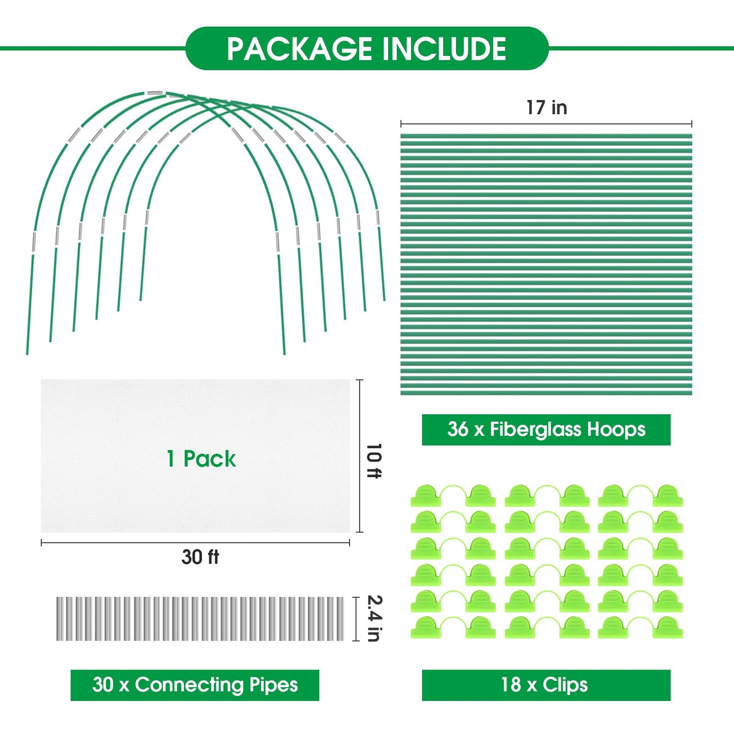 JCKHXG Garden Netting Kit, 10x30FT Ultra Fine Mesh Netting ＆6 Sets of 8FT Fiberglass Garden Hoops for Raised Beds, Vegetable Plants Fruits Flowers Birds Animals Barrier Protection Net