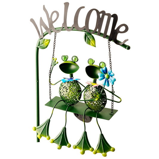 Frog Solar Light Garden Outdoor Decoration Swing Metal Stake Lamp with Welcome Sign Waterproof Patio Yard Decor Gifts-48 inch