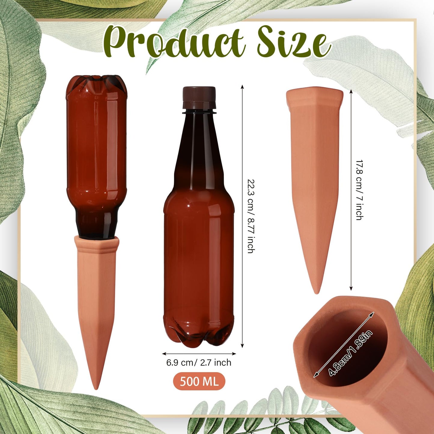 SiliFine 6 Sets Terracotta Self Watering Spikes with 26 oz Plastic Bottles, Plant Watering Devices Slow Release Vacation Insert Automatic Plant Watered Device