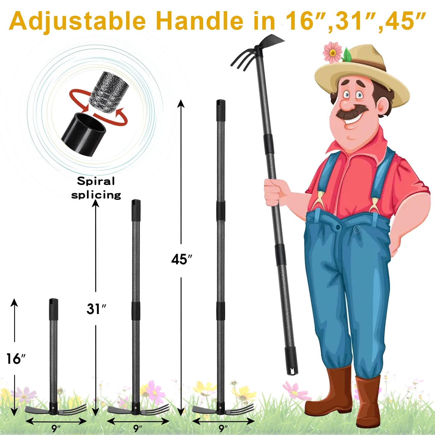 Lilyvane Garden Hoe, 2 in 1 Hand Hoe Garden Tools,45 Inch Long Handle,Garden Hoe and Cultivator for Weeding Cultivating Planting, Small Hand Rake Tiller for Flower Bed Gardening, Loosening Soil