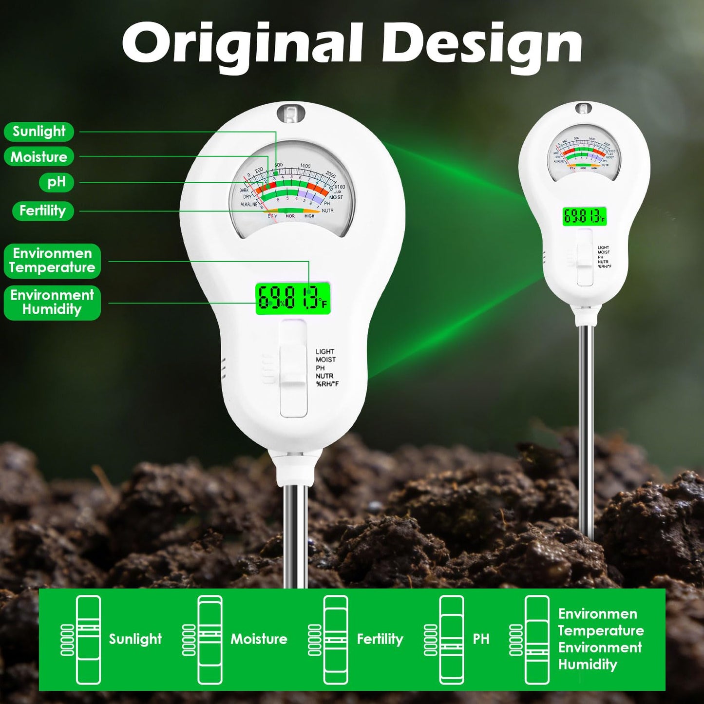 peccera 6-in-1 Soil Test Kit with 3 Replaceable Probes, Soil Tester for Gardening, Plant Water Meter, Soil pH Tester for Soil Fertilizer, Sunlight & LCD Display Air Temperature Humidity Sensor