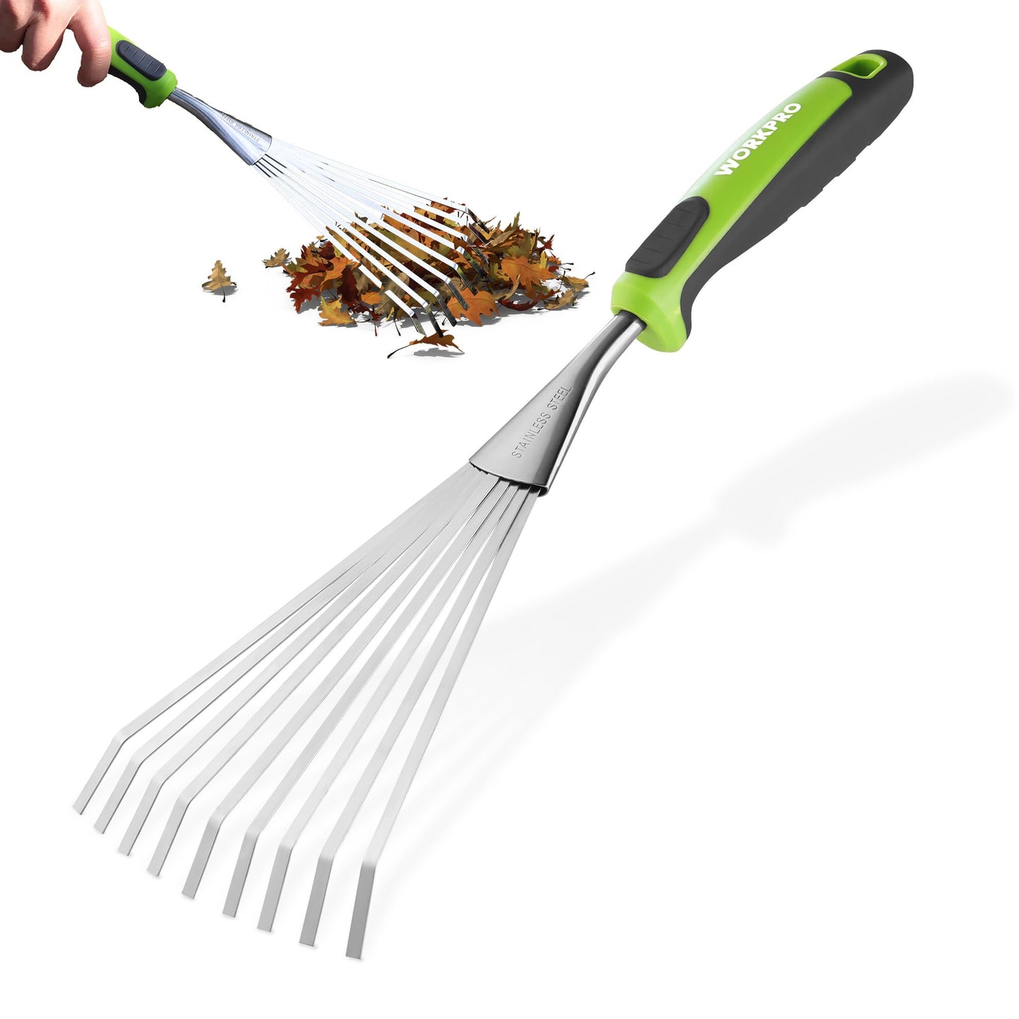 WORKPRO 16" Hand Rake, Heavy Duty Stainless Steel Garden Rake with Soft Handle, Small Garden Hand Tool for Gardening, Cultivating, Loosening Soil & Spreading Mulch, Flower Beds