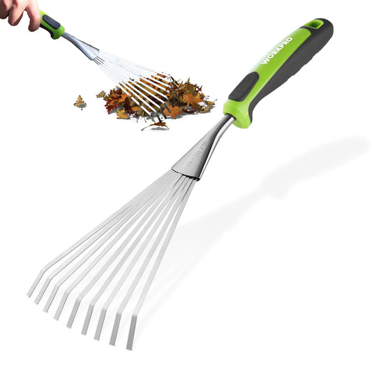 WORKPRO 16" Hand Rake, Heavy Duty Stainless Steel Garden Rake with Soft Handle, Small Garden Hand Tool for Gardening, Cultivating, Loosening Soil & Spreading Mulch, Flower Beds