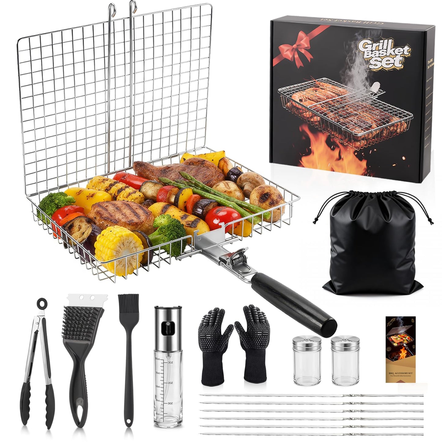 Clheatky 16 PCS Stainless Steel Grill Basket Set, Complete BBQ Grill Accessories for Shrimp, Vegetables & Fish, Portable Grill Basket with Oil Sprayer, Ideal Grilling Gifts for Men Dad Husband