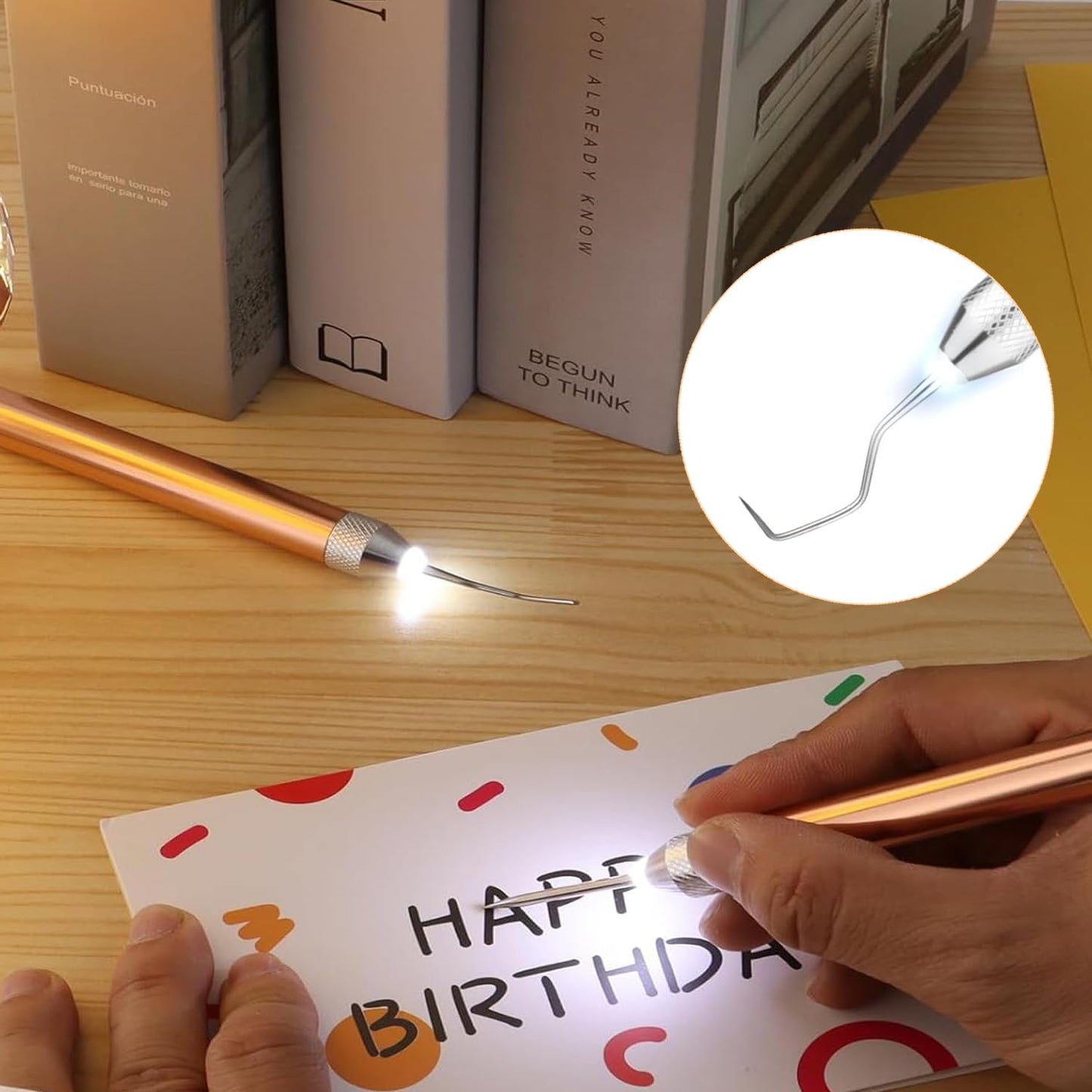 3PCS LED Weeding Tools for Vinyl with Light with Pin and Hook Lighted Pin Pen Weeding Tool for Removing Iron on Tiny Vinyl Paper Silhouette Cutting Machines Supply (Rose Gold) (3PCS-Rose Gold)
