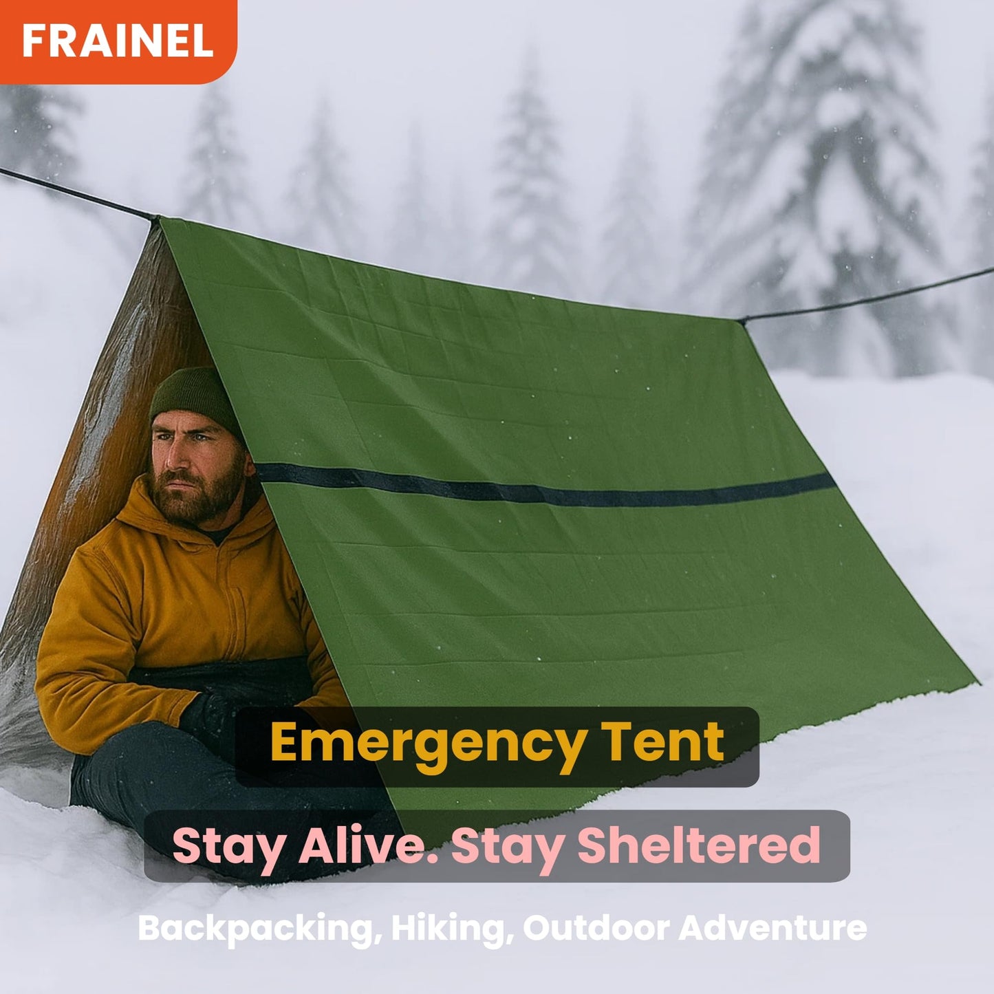 FRAINEL Pocket Emergency Survival Tent. Snow Life Thermal Shelter. Tube Tarp. Army Green Tough Guy Style. Storage Bag with Whistle and Paracord. for Camping, Hiking, Outdoor, Vehicle First Aid Kit
