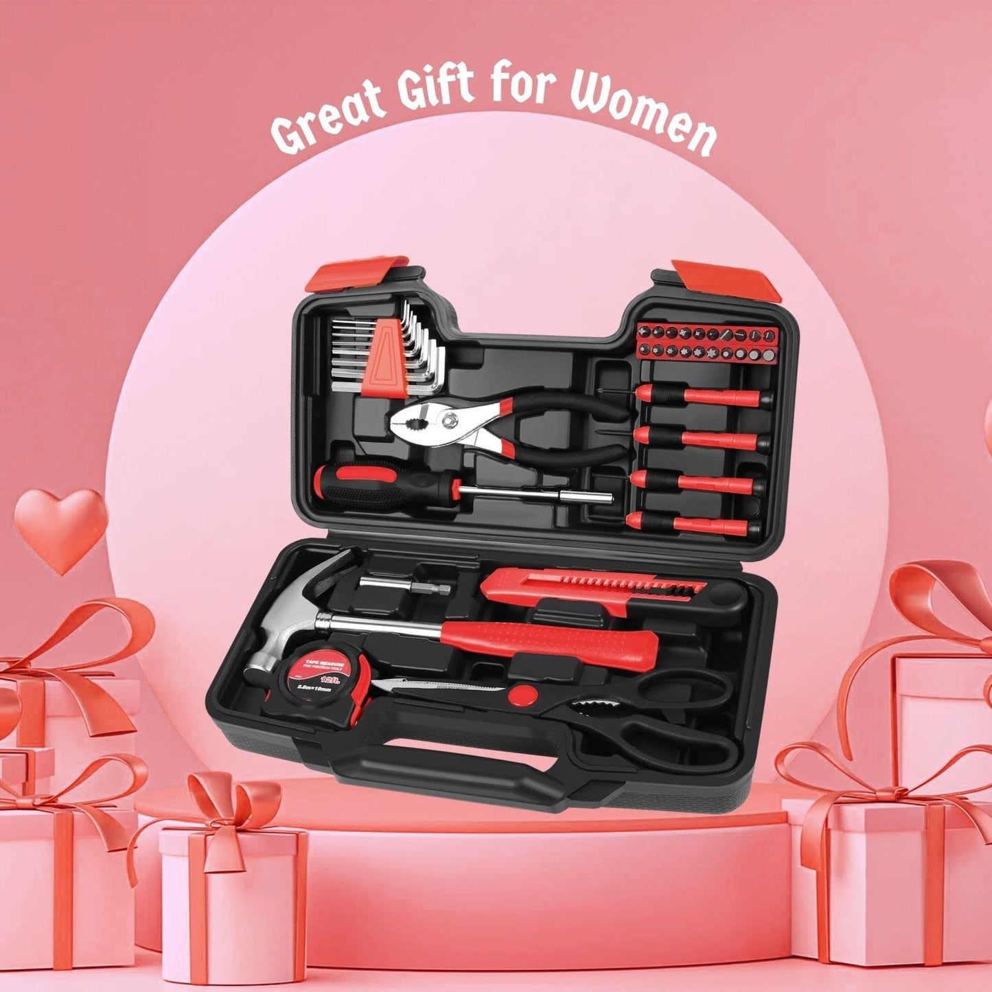 Flexzion 39 Piece Hand Tool Kits with Case - Compact Tool Kit for Handyman, Homeowners DIY - Household Tool Kit for Home with Portable Basic Tool Set Case, Red