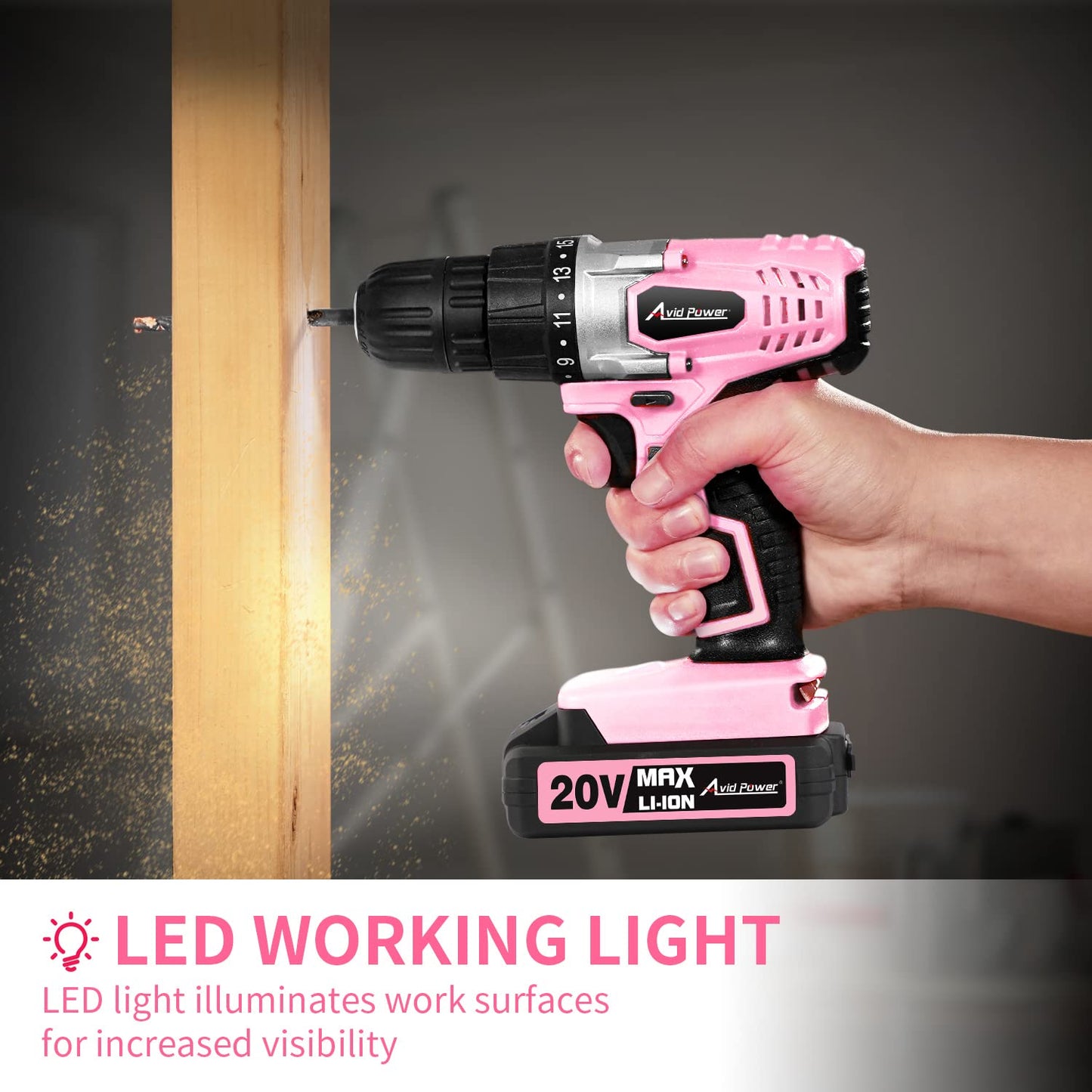 AVID POWER 20V Cordless Drill Set for Home DIY & Beginner Projects - Lightweight Power Drill with Battery Charger & 22 Bits, Variable Speed, 3/8" Keyless Chuck, Ideal for Furniture Assembly (Pink)