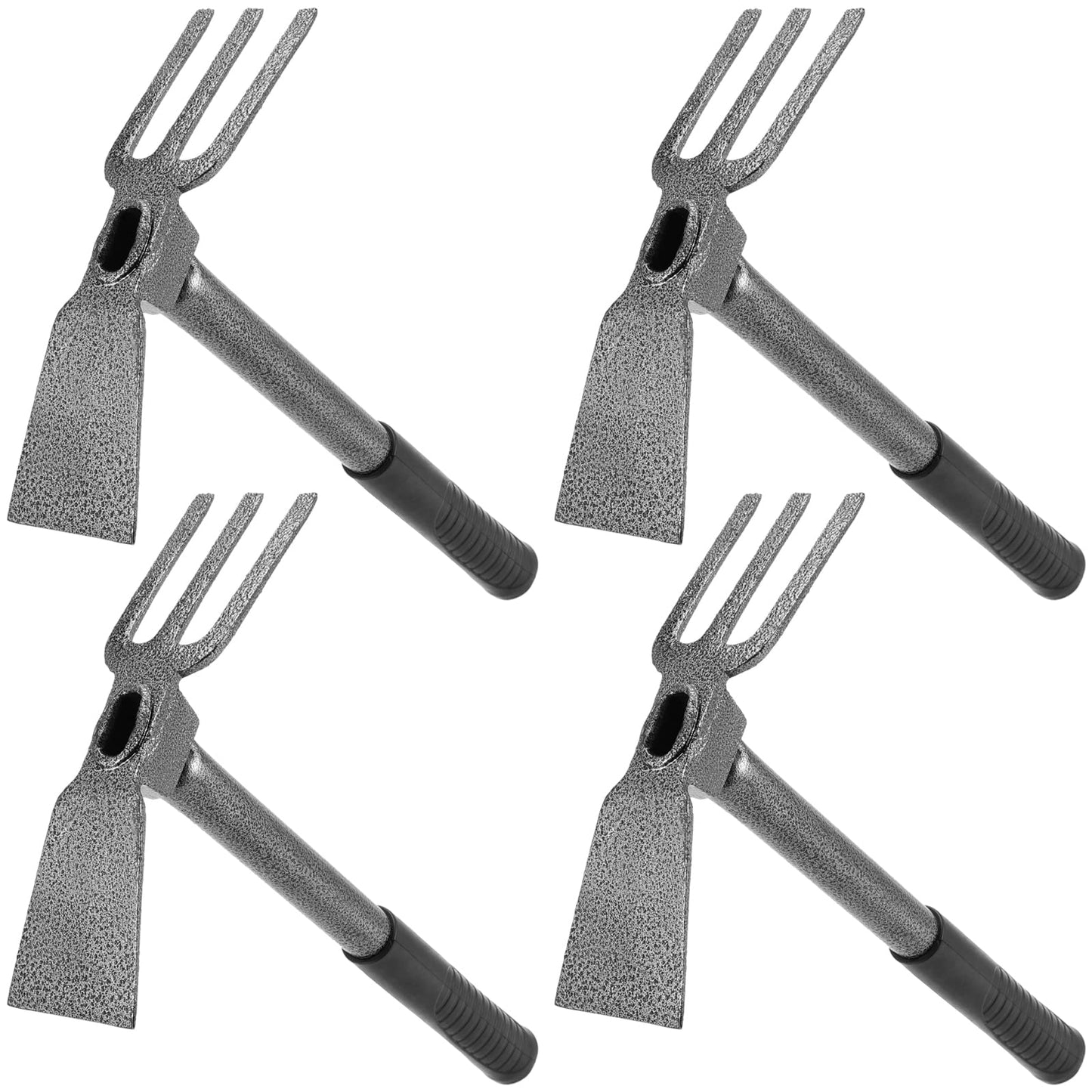 MOUYAT 4 PCS 2 in 1 Double Garden Hoe and Cultivator, 9 x 14 Inch Dual Headed Weeding Tool Heavy Duty Hand Tiller Rust Proof 3 Prong Cultivator with Handle for Weeding and Digging