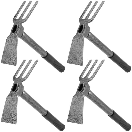 MOUYAT 4 PCS 2 in 1 Double Garden Hoe and Cultivator, 9 x 14 Inch Dual Headed Weeding Tool Heavy Duty Hand Tiller Rust Proof 3 Prong Cultivator with Handle for Weeding and Digging