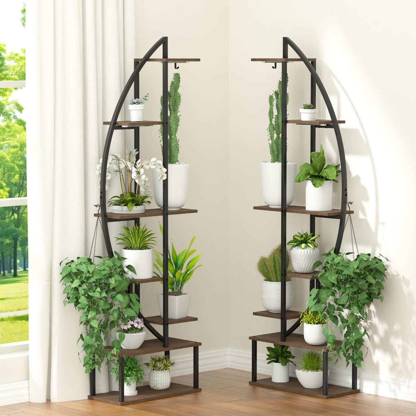 BLAZPATH Plant Stand Shelf Indoor with 6 Grow Light, 7 Tiered 65" Tall Black Large Half Moon Lighted Plant Rack Holder, 2 Pack Big High Circular Arch Multi Herb Stand with Built in LED Grow Light Set