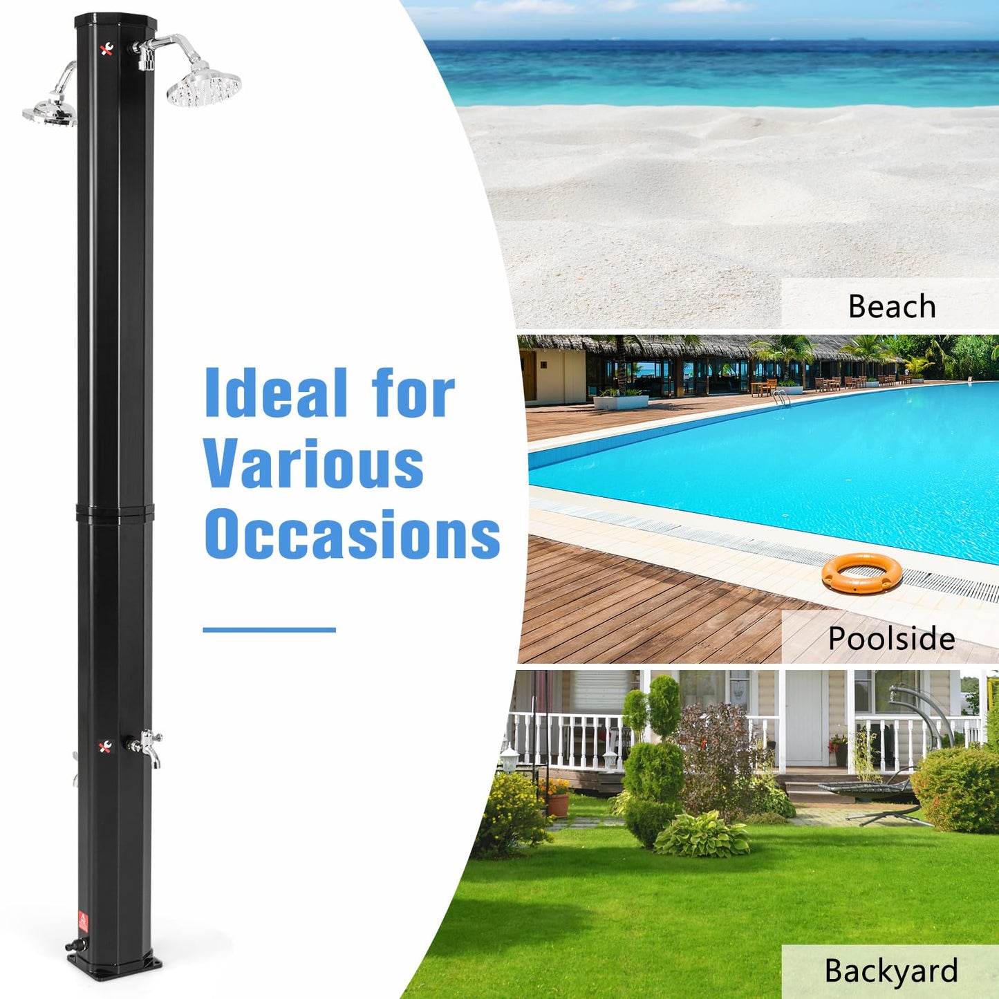 Goplus 9.3 Gallon Solar Heated Outdoor Shower, 7.2 FT Freestanding Garden Shower with Dual Swivel Shower Heads & 2 Foot Showers, Adjustable Temperature,for Poolside Backyard Beach