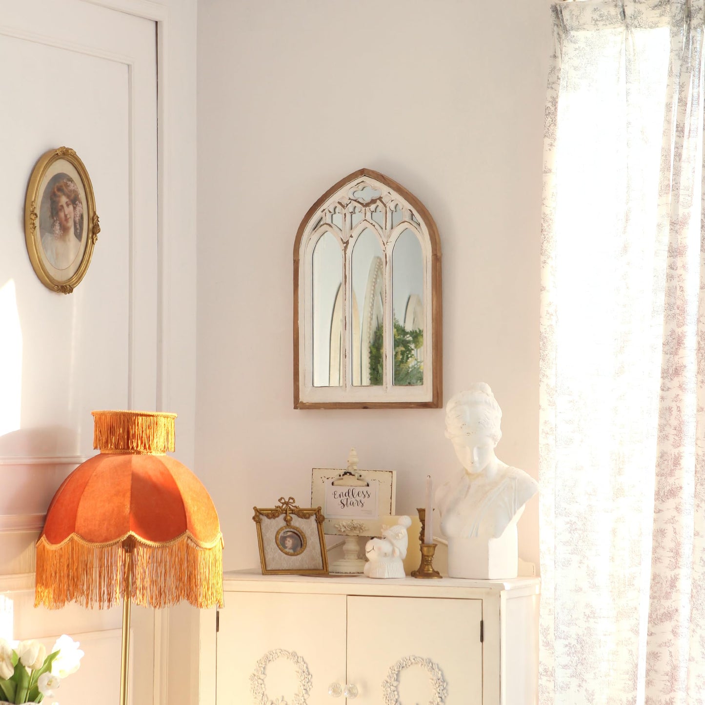 Synovana Arch Window Wall Mirror - Farmhouse Cathedral Wall Decor with Wooden Frame for Entryway Hallway Living Room - 16.14" x 1.38" x 25.2"