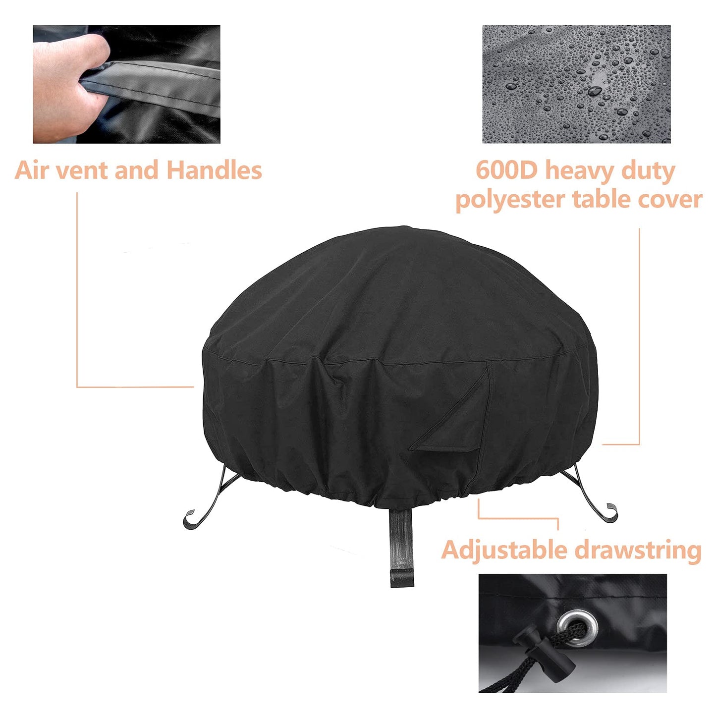 vchin 32-36" Round Fire Pit Cover 600D Heavy Duty Oxford and PVC Coating Firepit Cover, Waterproof Outdoor Fire Pit Table Cover, Tear-Resistant and UV Resistant (36" Dia x 20" H)