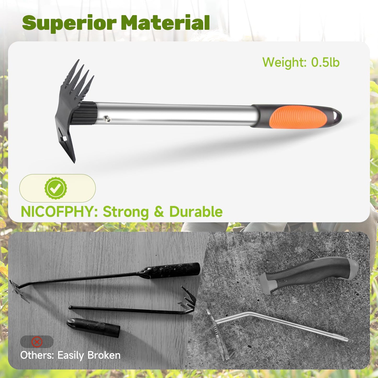NICOFPHY Weed Puller Tool 2 Pack, 2 in 1 Manual Weeding Rake and Garden Hoe, 17" Uprooting Weeder Remover Tool for Yard Lawn Patio and Garden, Portable Gardening Hand Tools for Veggies Flower Planting