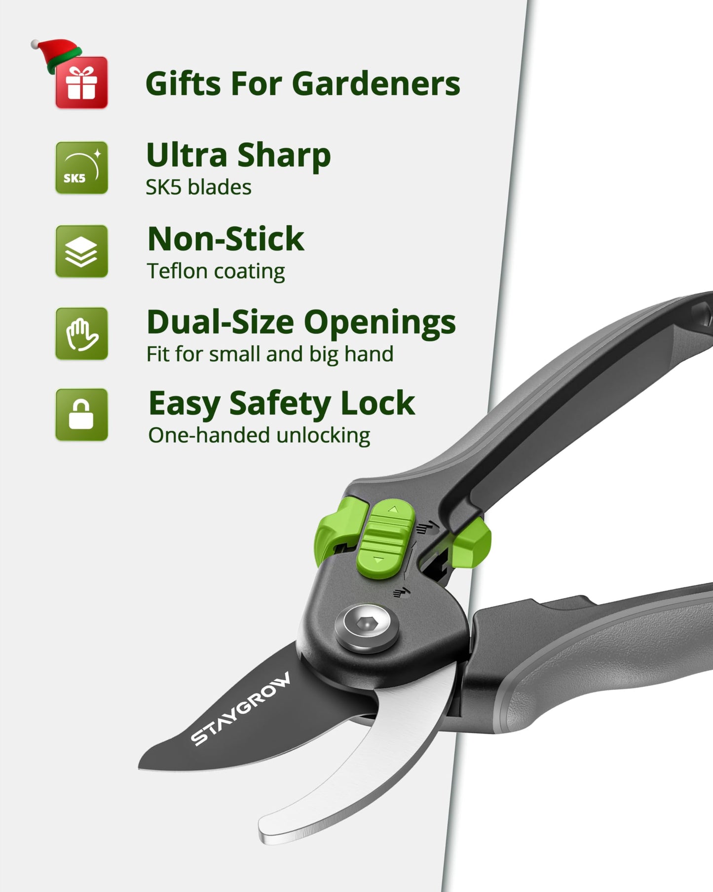 STAYGROW Pruning Shears for Gardening,8.5" SK5 Garden Shears Cuts 10000+ Times Staying Sharp, Garden Scissors with One-handed Unlocking&Adjustable Handle, Garden Clippers Gardening Tools for Men Women