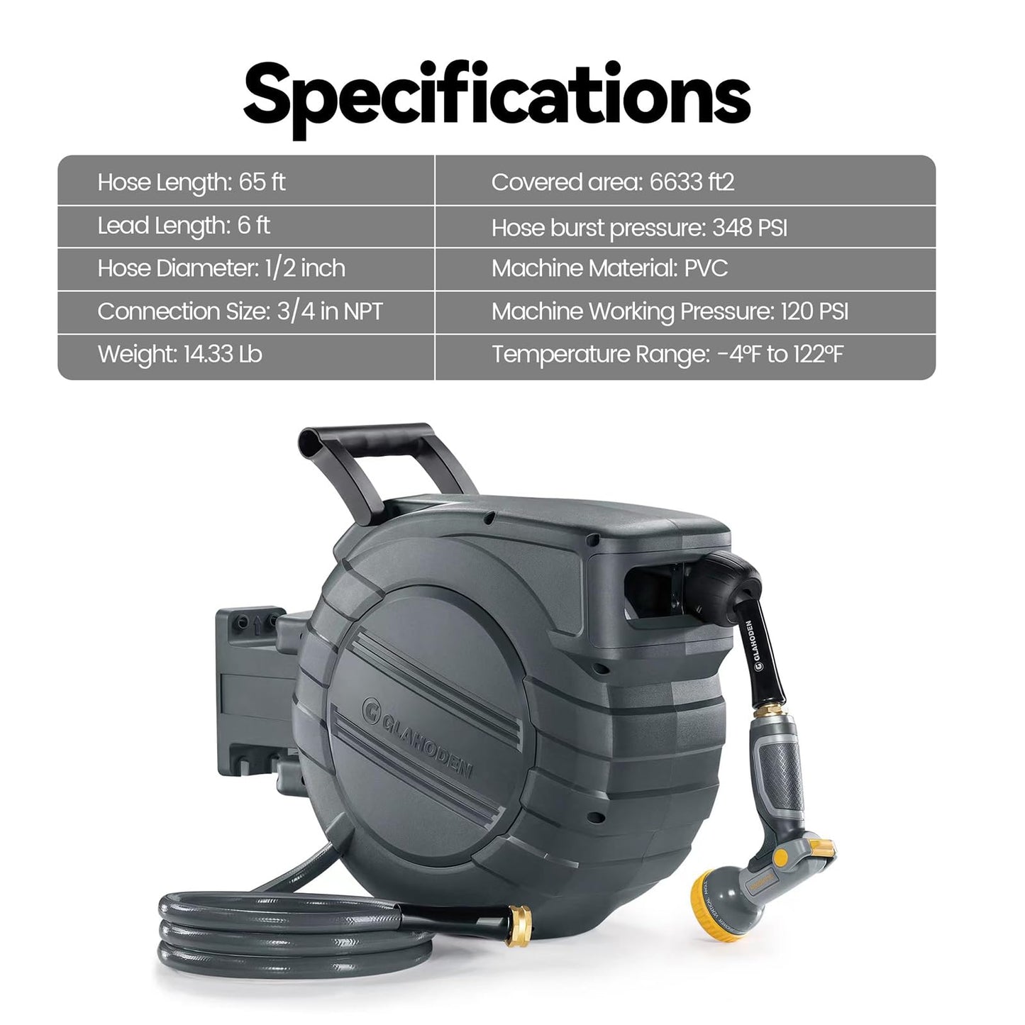 GLAHODEN Retractable Garden Hose Reel 1/2 in x 65 ft, 2025 Upgraded Dual Ratchet Lock UV & Freeze Protection Brass Seal Slow Retraction Anti-Tangle Hose 180°Swivel Reinforced Scaffold Wall Mount