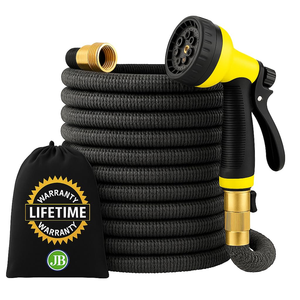 J&B XpandaHose 150ft Expandable Garden Hose – Ultra-Strong 3750D, 4-Layer Latex Core, Brass 3/4" Connectors, 10-Pattern Nozzle & Storage Bag – Lightweight, Kink-Reducing, Leak-Resistant