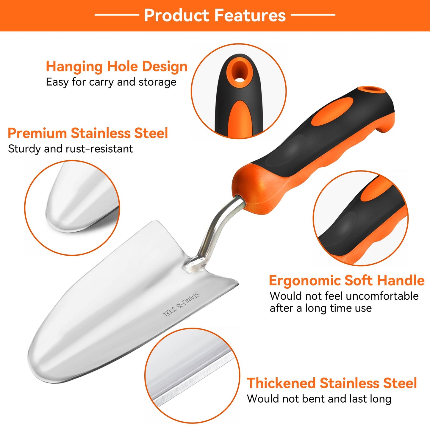 ECOWORK Garden Tool Set 3-in-1 with Heavy-Duty Trowel, Transplanter & Cultivator for Digging and Planting, Polished Cast-Aluminum Heads for Rust Resistance, Non-Slip SoftGrip Handles Reduce Fatigue