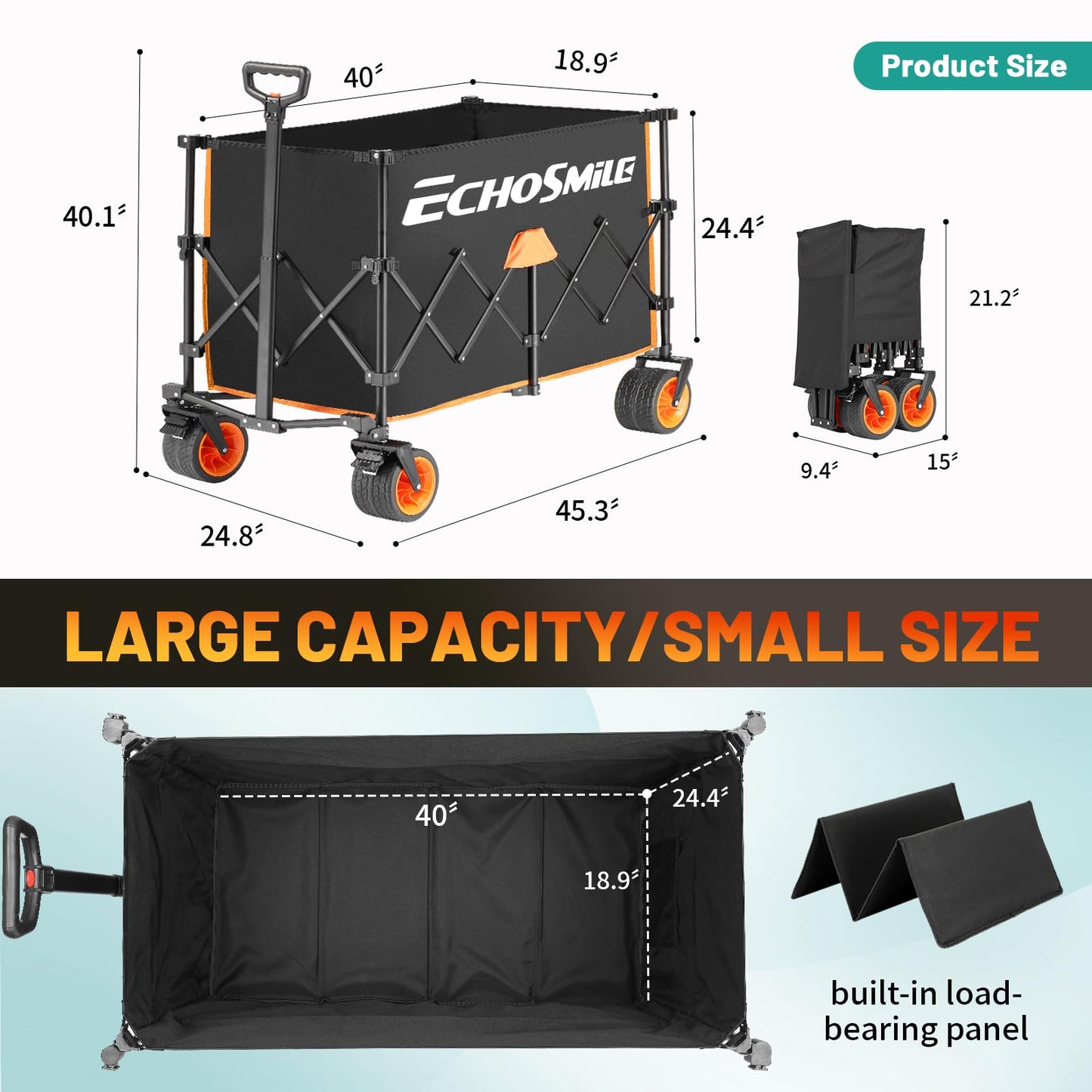EchoSmile Collapsible Foldable Extended Wagon with 500Lbs Weight Capacity, 300L Folding Utility Wagon Cart with Big All-Terrain Wheels for Beach,Sport,Garden&Grocery (Black&Orange)
