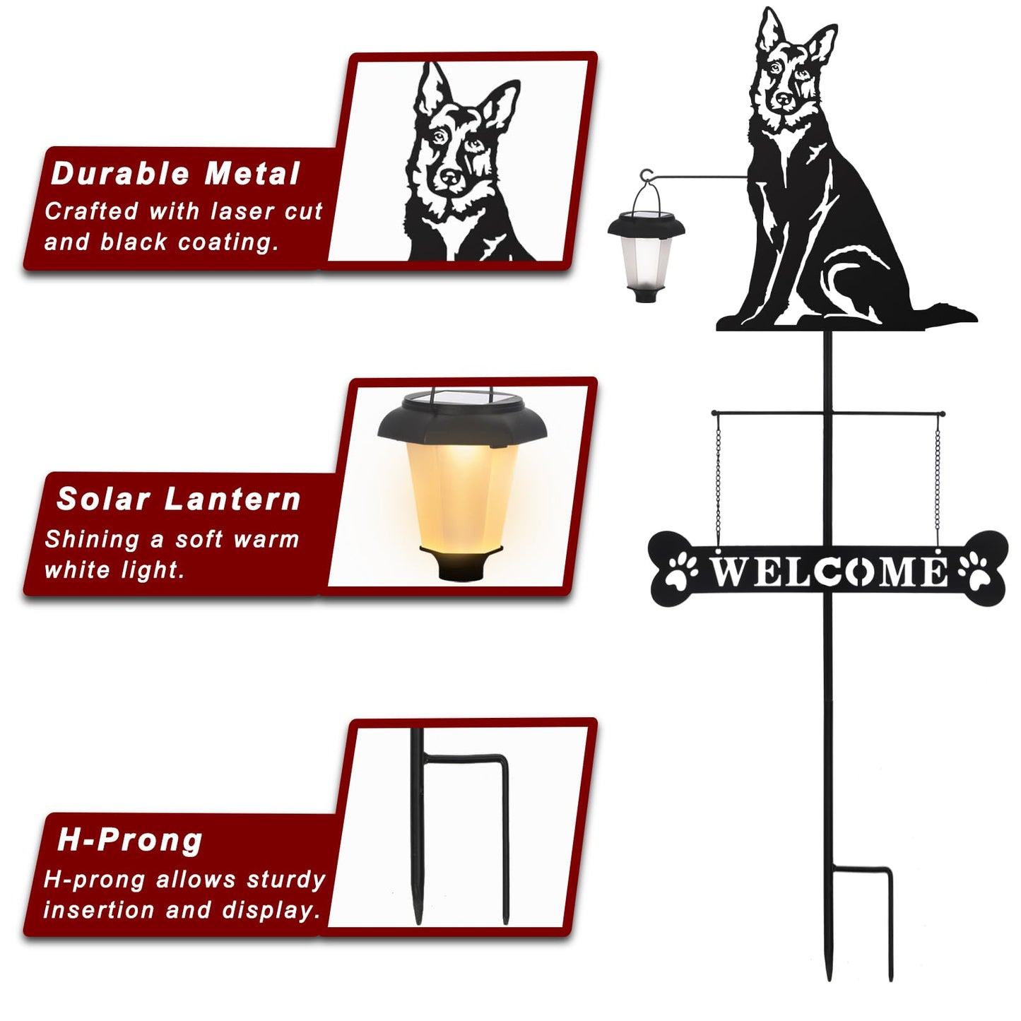 BAYN Solar German Shepherd Silhouette Dog Breed Welcome Sign with a Lantern Outdoor Decorative Garden Stakes for Yard, Lawn, Patio, Pathway