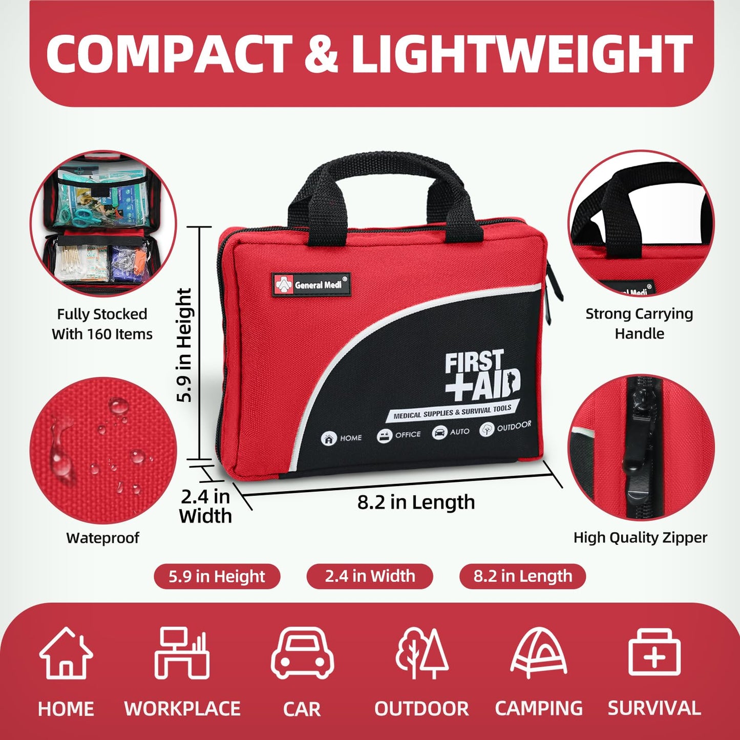 First Aid Kit -160 Pieces Compact and Lightweight - Including Cold (Ice) Pack, Emergency Blanket, Moleskin Pad,Perfect for Travel, Home, Office, Car, Camping, Workplace (Red)