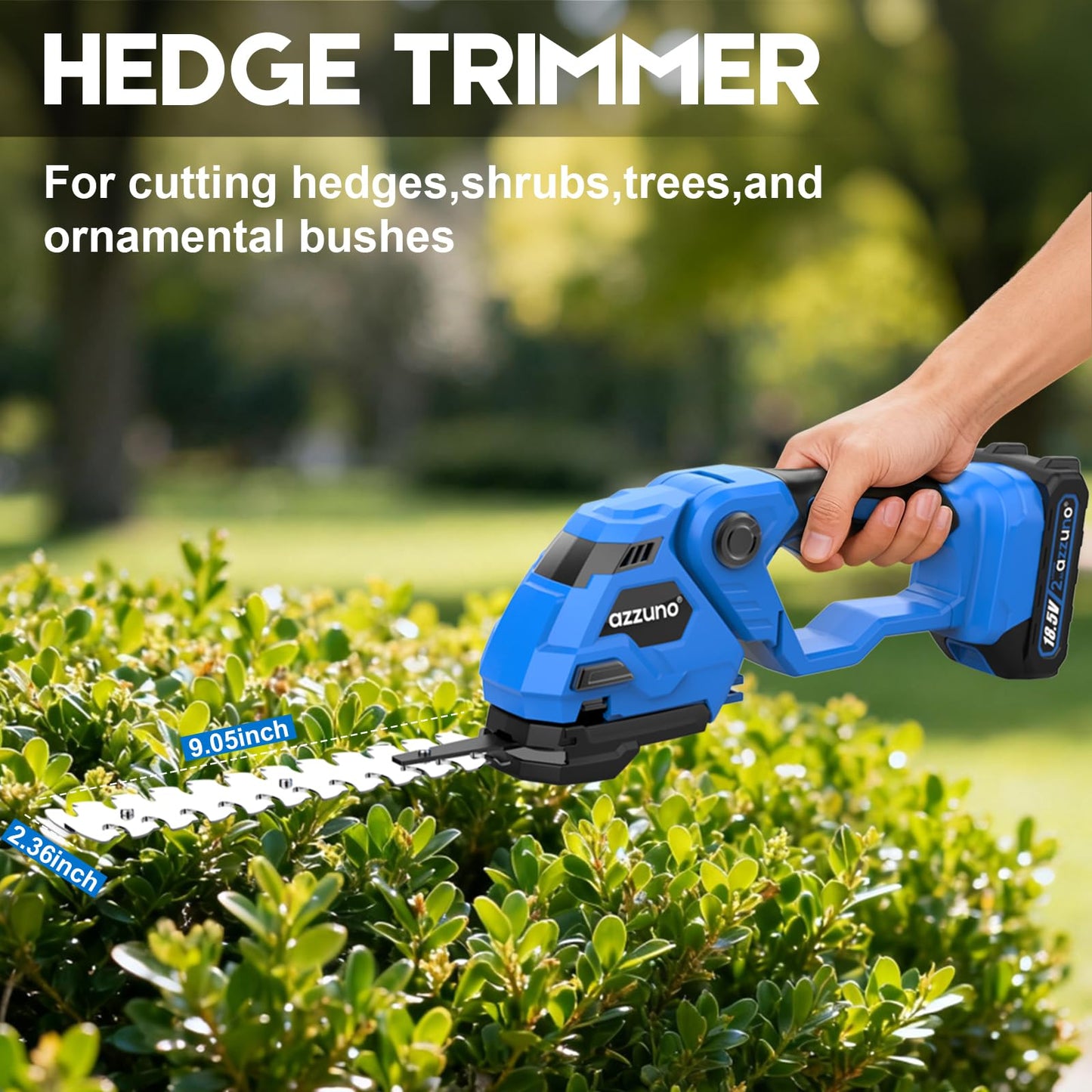 AZZUNO Hedge Trimmer Cordless, 21V Battery Powered Electric Hedge Trimmer Grass Shears with Battery and Charger Included, 2-in-1 Handheld Grass Cutter Shrub Trimmer for Gardens, Yards, Lawns