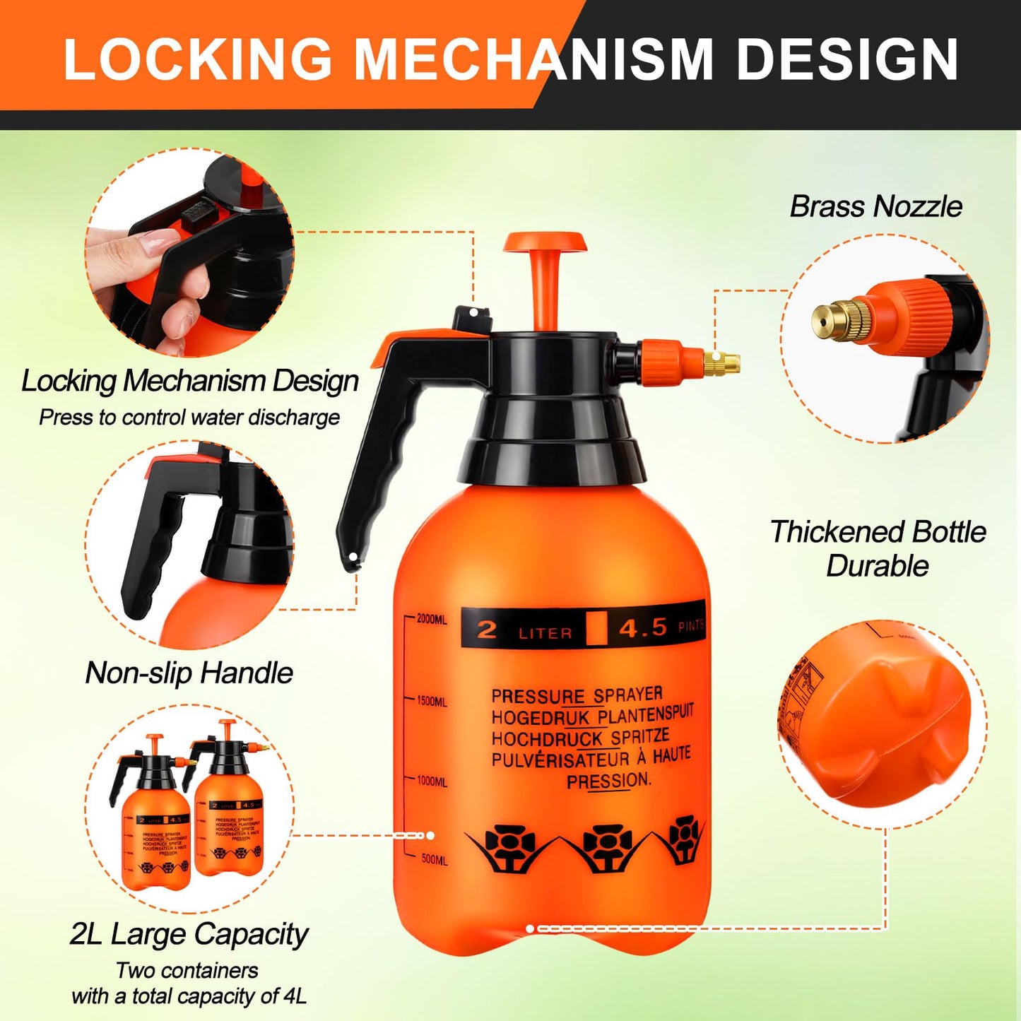 Acellegic 2 Set Handheld Pump Sprayer Pump Spray Bottle Garden Sprayer Plant Mister Water Spray Bottle with Adjustable Nozzle Extended Rod for Spraying Watering Fertilizing Cleaning(2L,Orange)