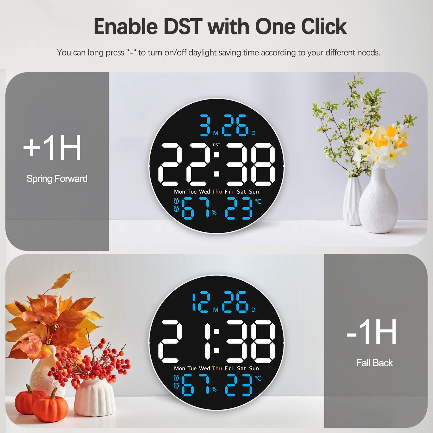 JoFomp 10" Large Digital Wall Clock with Remote Control, LED Display, Plug-in Digital Alarm Clock, Auto Brightness, DST, Temperature, Humidity, Applied to Classroom, Bedroom, Living Room, Office, Gym