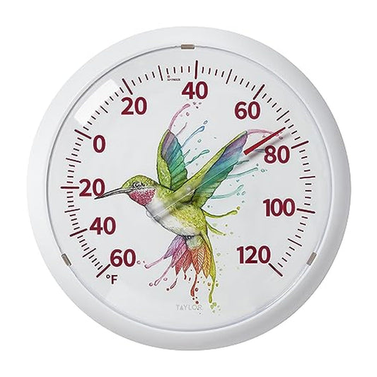 Taylor Watercolor Series Rainbow Hummingbird Indoor Outdoor Dial Thermometer, Home Decor for Patio, Pool, or Garage, 13.25inch, White Bezel