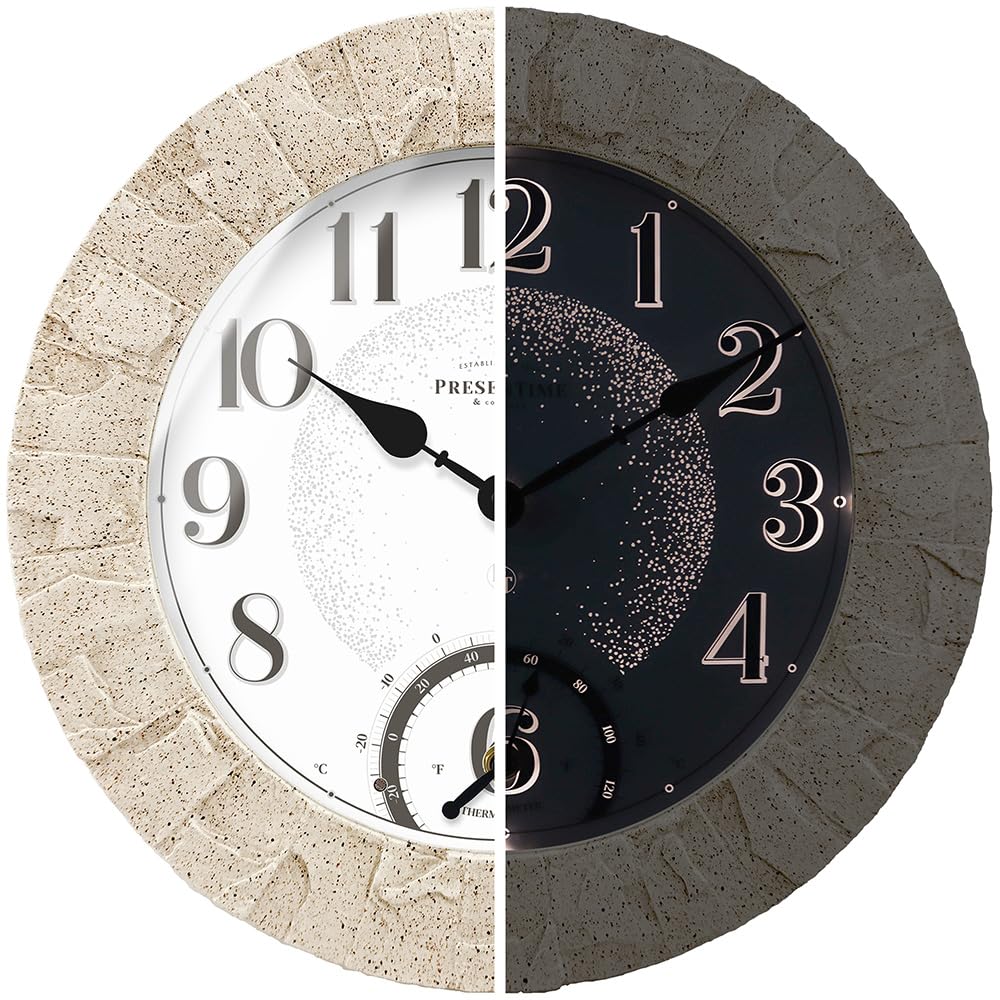 Presentime & Co 14" Illuminated in/Outdoor Clock with Smart Sensor and Night Light, Waterproof, Large Wall Clock with Thermometer & Hygrometer, for Garden and Patio - Coastal Sandstone Finish.