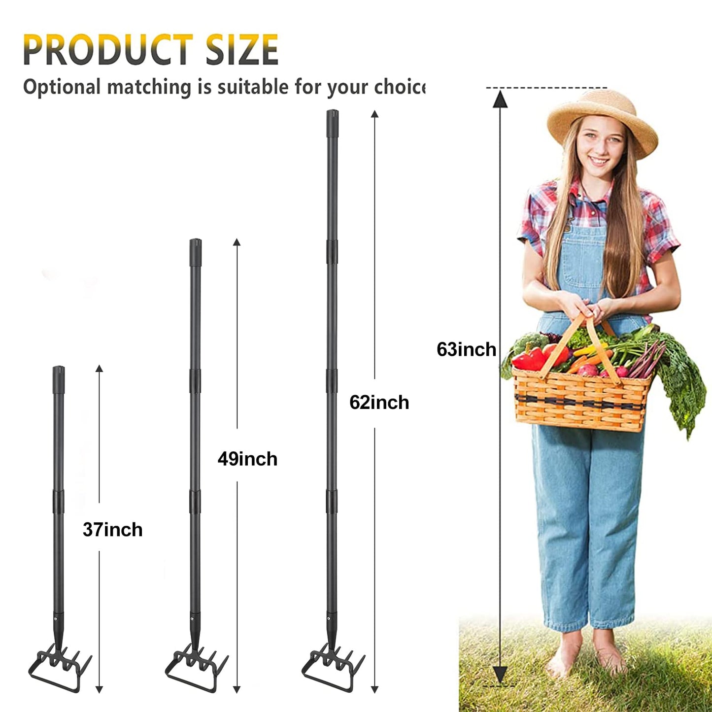 BsBsBest Hoe Garden Tools, 37-62 Inch Gardening Tools for Weeding, Stirrup Hoe Long Handle for Yard Weed Puller, Scuffle Hula Adjustable Weeding Loop Hoe for Lawn, Vegetable, Soil, Planting Black