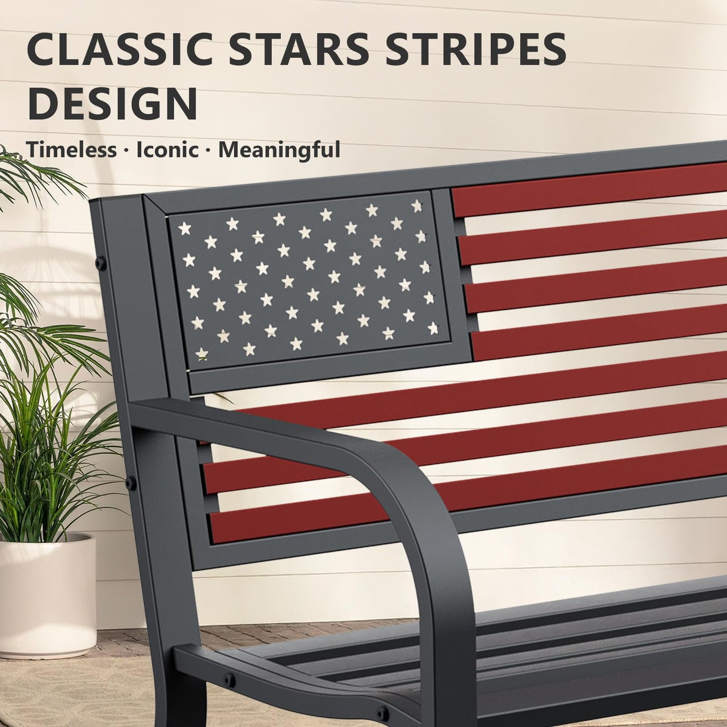 MAKE CHANGES Outdoor Bench, Sturdy Metal Garden Bench with Classic Stars and Stripes Design Metal Backrest, 2-Person Patio Bench for Outside Seating, Cast Iron Steel Porch Yard Lawn Furniture, Red