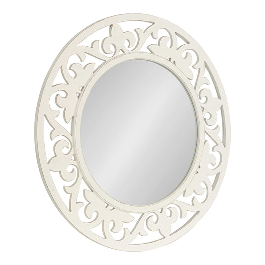 Kate and Laurel Shovali Coastal Round Mirror; 32 Inch Diameter; White; Decadent Wall Decor with Ornate Wood-Carved Frame