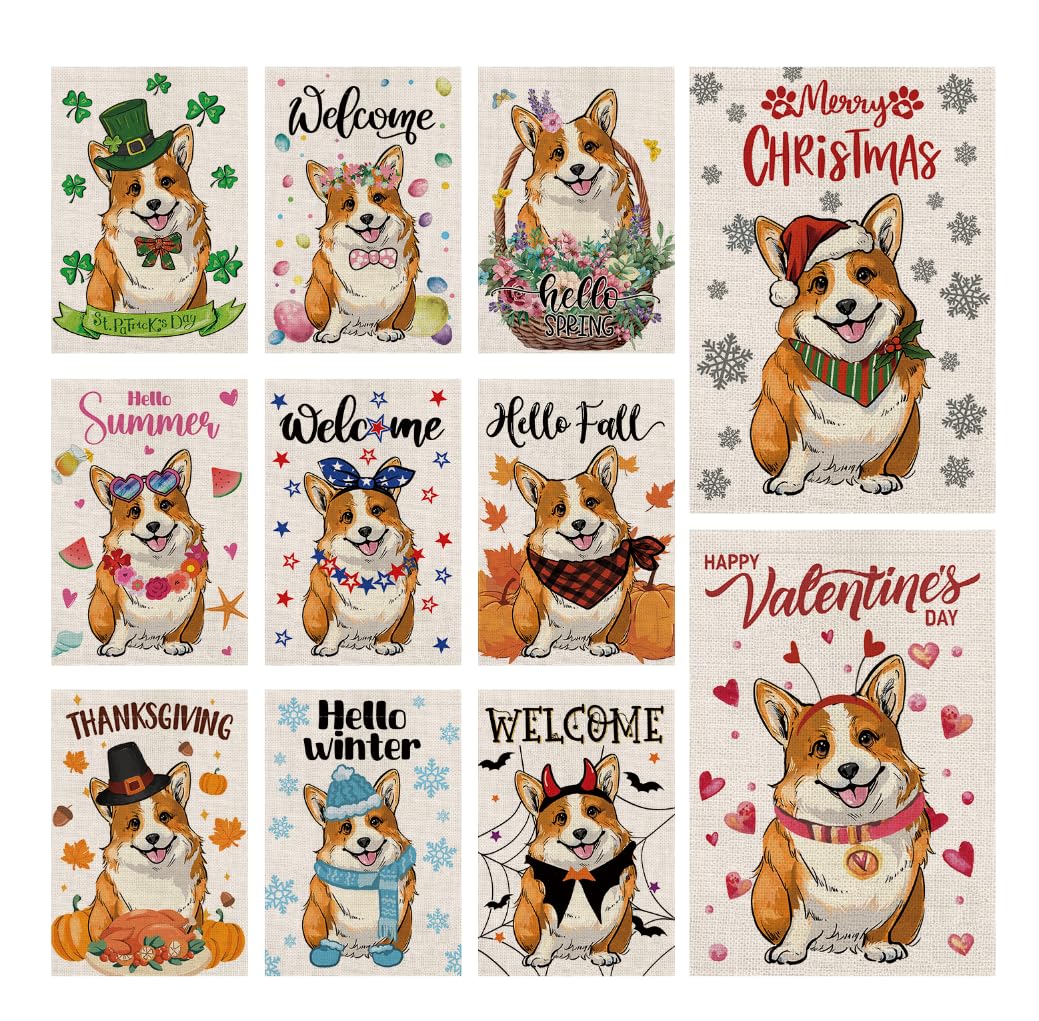 Seasonal Garden Flags Sets - Corgi Decortions Dog Flags Double Sided Flags Set of 11 Holiday Farmhouse Indoor Outdoor Yard Lawn Christmas Gifts Decor 12.5x18 Inch