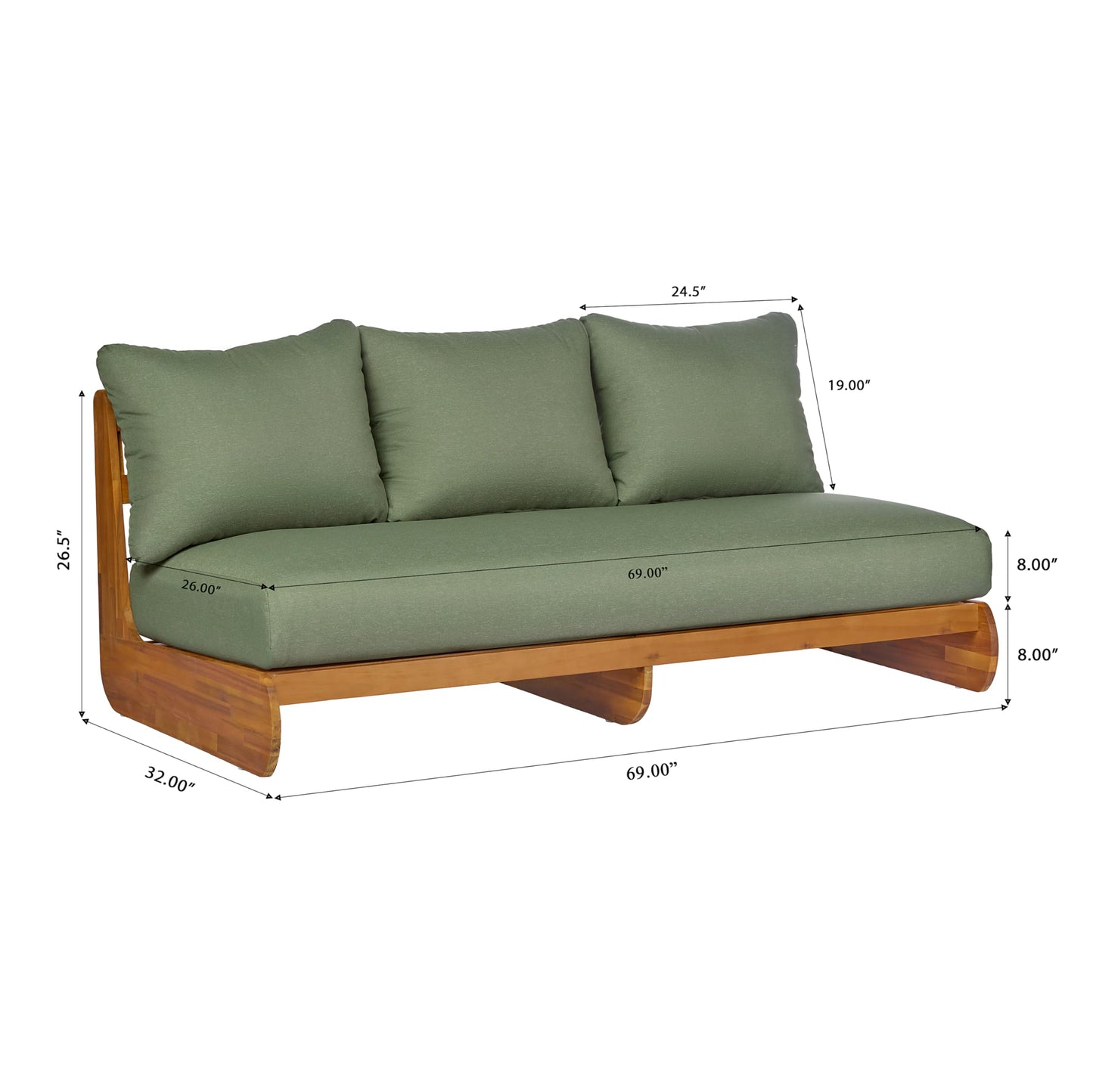 Christopher Knight Home Poppy Acacia Wood Outdoor 3 Seater Sofa with Cushion, Wooden Patio Sofa Couch with Cushion, Comfy Armless Cloud Sofa Couch, Patio Furniture Sofa Set, Teak+Olive Green