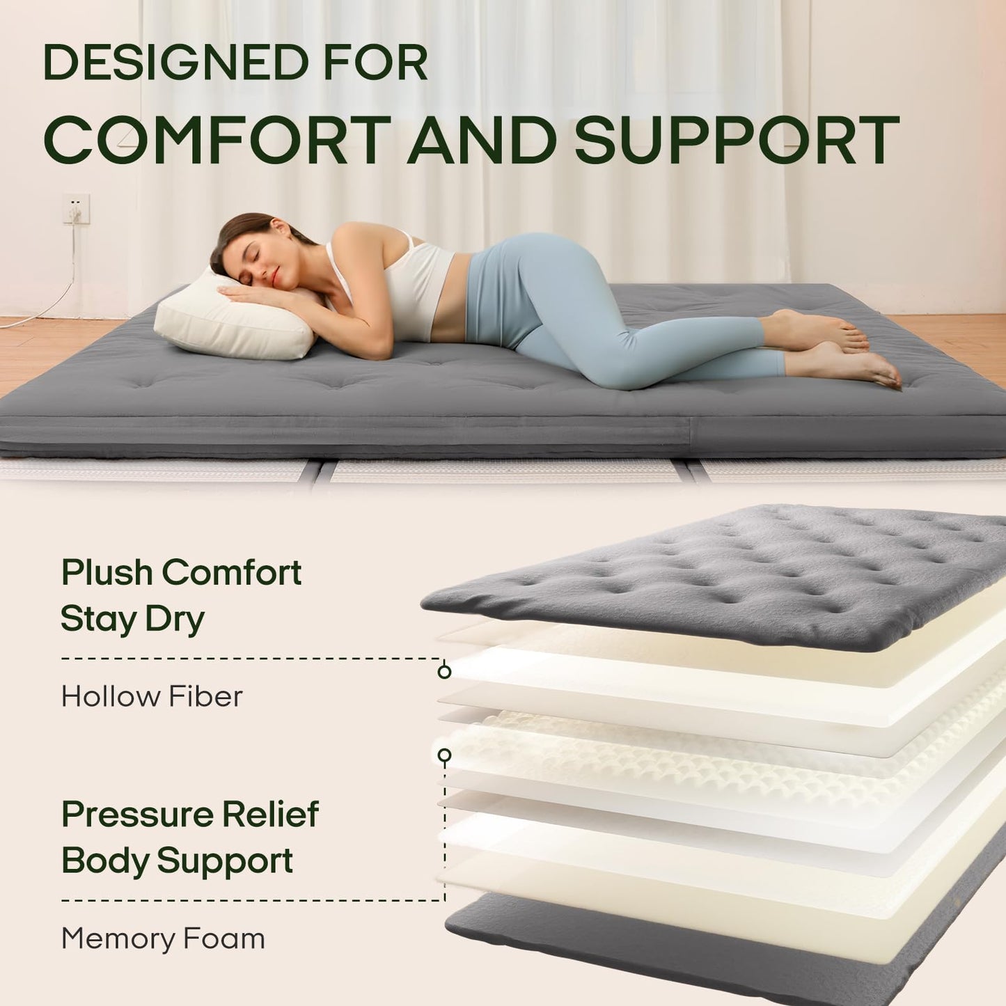 ZonLi Japanese Floor Futon Mattress Queen Size 80"x 60", 100% Cotton Cover 2.5'' Thicken Tatami Mattress, Foldable Sleeping Pad, Portable Dormitory Tatami Mat(Grey)