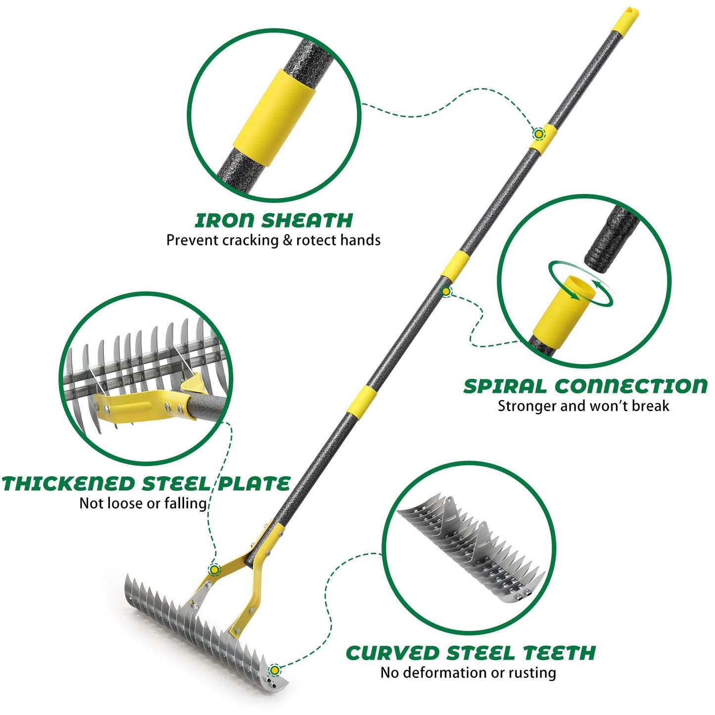 Thatch Rake,70 Inch Heavy Duty Lawn Thatching with Adjustable Stainless Steel Handle,Multiple Garden Rake for Leaves,Lawn Loosening Soil,Backyard,Garden